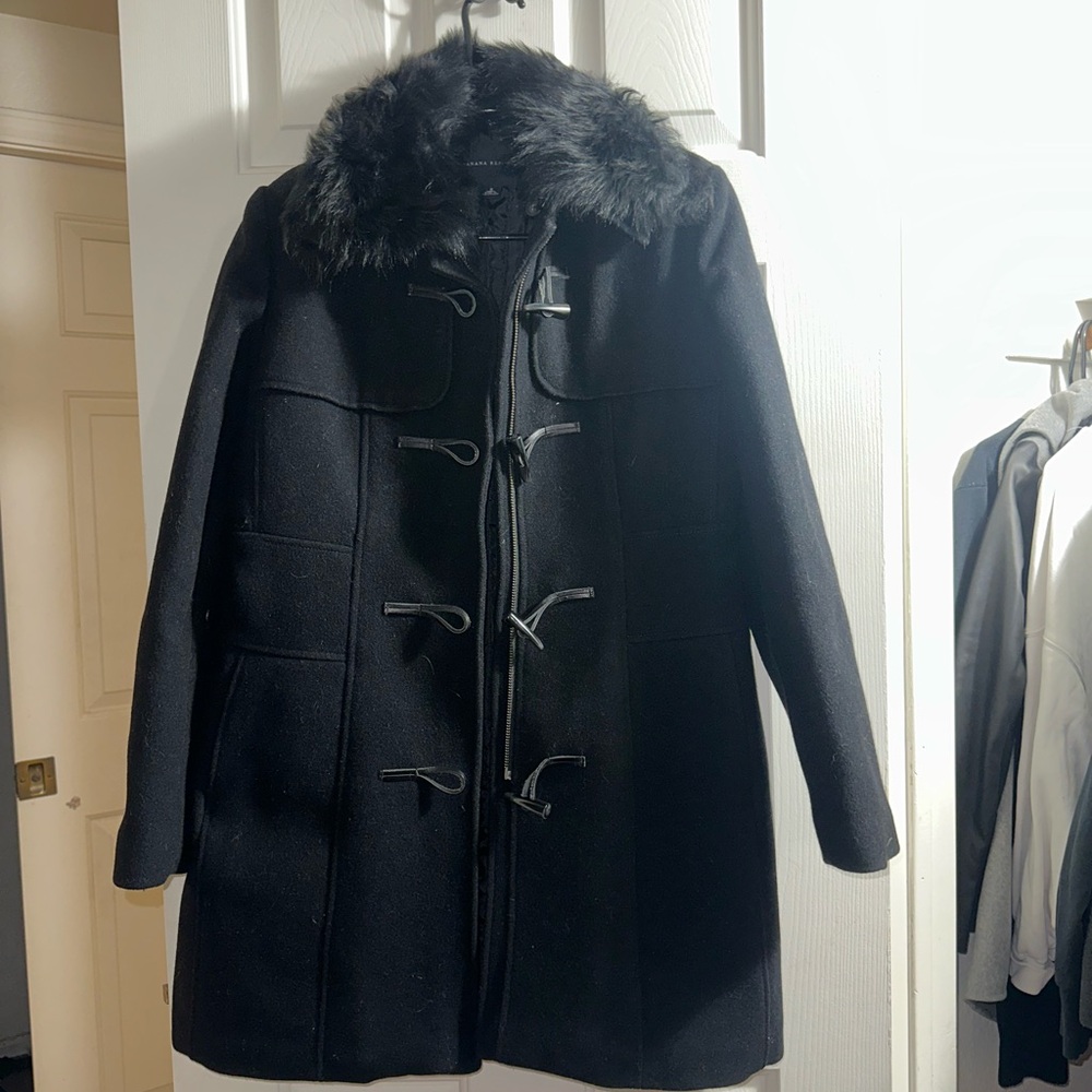 Banana Republic Black Faux Fur Trim Coat